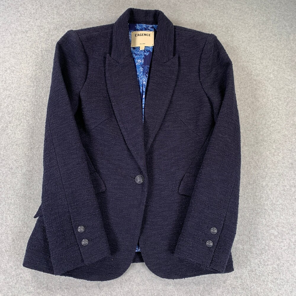 L'AGENCE Navy Tweed Blazer Jacket Women's Size 4 Blue Floral Lining - Picture 7 of 12